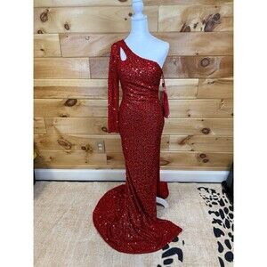 Nox Anabel Fitted One Sleeve Sequin Gown S1013. Womens Red Prom Size 2